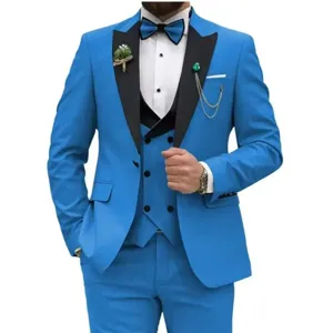 Men's 3-piece royal blue suit set with blazer, vest, and trousers for formal events.