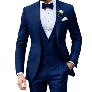 Men's three piece navy blue slim fit business suit tuxedo with jacket vest pants for wedding
