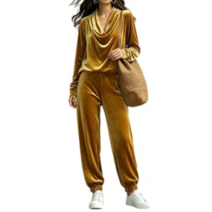Women's velvet two-piece lounge set with cowl neck long sleeve top and jogger pants