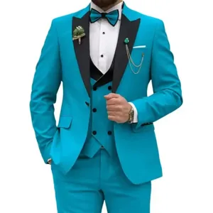 Men bright blue three piece suit set with black lapel vest pants for formal wedding business.