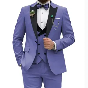 Men's purple 3-piece suit business wedding prom slim fit tuxedo jacket vest and pants set.