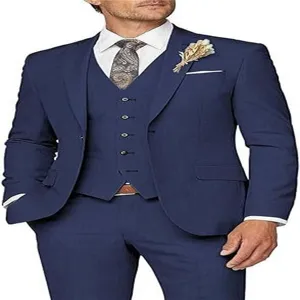 Men's navy blue three-piece slim fit suit, ideal for weddings, business, and formal parties.