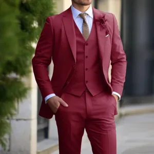 Abito 3 pezzi bordeaux da uomo giacca gilet pantaloni per matrimonio festa abbigliamento
