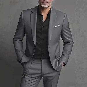 Detail view of men's slim fit business suit set featuring grey jacket, shirt and trousers.