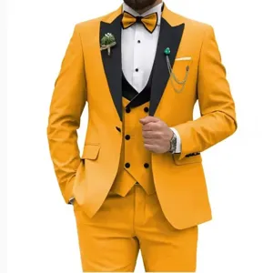 Men yellow three piece suit with black lapel formal wedding party business tuxedo set