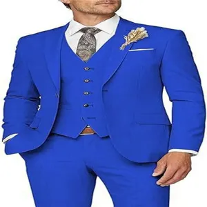 Royal blue men three piece suit upper body detail, elegant slim fit formal wear and tie.