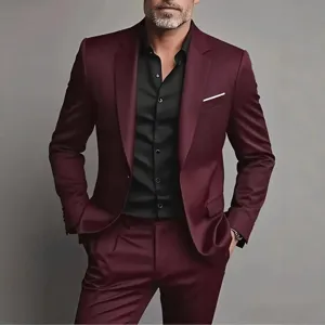 Men's slim fit business suit set wine red blazer and black shirt for formal wear.