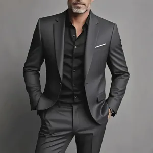 Men's slim fit business suit detail showing dark grey jacket texture and matching shirt.