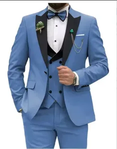 Men's 3-piece light blue suit jacket vest trousers for business wedding formal events