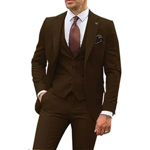 Men's elegant brown three-piece suit slim fit formal wedding business wear jacket trousers