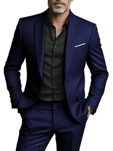Men slim fit business suit detail showing dark blue jacket, black shirt and pocket square.