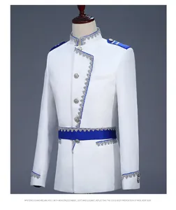 Men's white court performance jacket with royal blue trim and silver embroidery details.