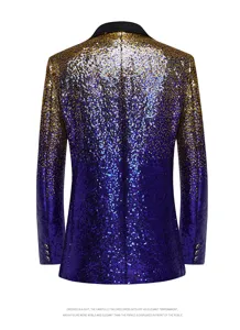 Close-up detail of the dazzling gold and purple gradient sequin blazer back with classic black lapel.