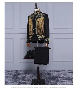 Men vintage court performance suit set with gold embroidery sequins tassels jacket.