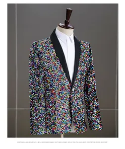 Giacca blazer con paillettes colorate da uomo lucida per palcoscenico festa DJ formale