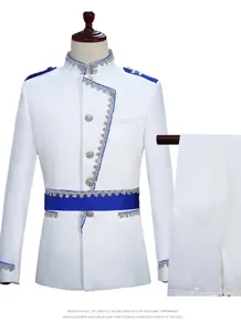 Men court stage costume set white slim jacket royal blue sash silver lace theatrical performance