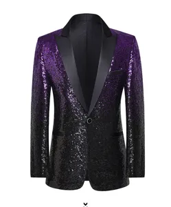 Men purple black gradient sequin blazer detail, stylish stage party tuxedo jacket coat.