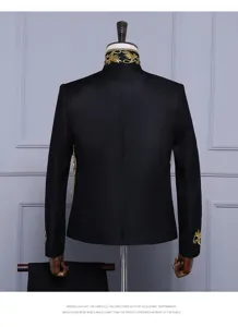 Men vintage court style black suit jacket back view with golden embroidery details.
