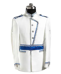 Men white stage performance suit detail, royal style jacket with blue trim and silver lace.