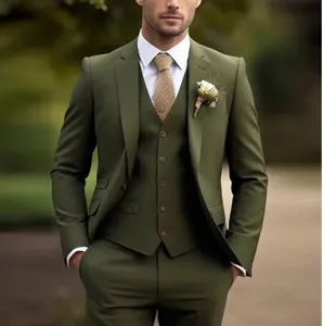 Men's olive green 3-piece suit set business formal wedding blazer vest trousers attire.