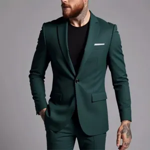 Men's dark green slim fit suit set casual business formal wear detailed view and pants