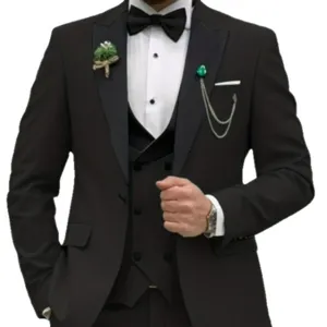 Men's 3-piece black suit business wedding tuxedo set with jacket vest and bow tie.