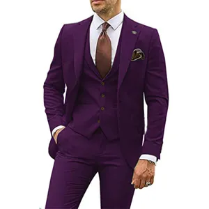 Men's Elegant 3-Piece Purple Slim Fit Suit Formal Business Wedding Groom Tuxedo Set