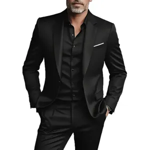 Men's black business slim fit suit set, professional formal wear for weddings and office.