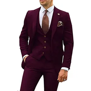Men's 3-piece slim fit burgundy formal business wedding groom tuxedo jacket vest and trousers.