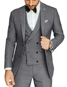 Men's grey 3-piece slim fit formal suit detail, featuring double-breasted vest and jacket.