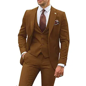 Close-up detail of the brown three-piece suit showcasing fine tailoring, lapel and vest.
