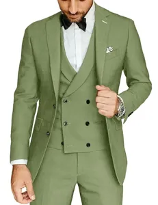 Men's Slim Fit 3-Piece Suit Wedding Groom Business Formal Dress Suit Set Olive Green