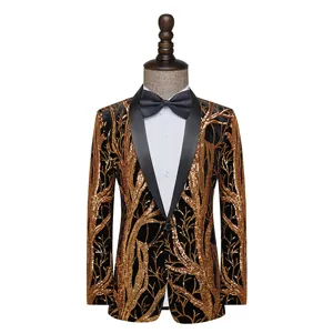 Men's gold sequin branch pattern blazer suit jacket for stage performance party club host