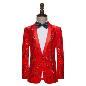 Men's red sequin blazer for stage performance, stylish slim fit suit jacket for party and club.