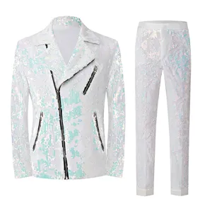 Costume veste de moto sequins blancs homme ensemble brillant pour scene spectacle