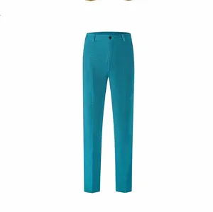 Detail view of stylish men's straight dress trousers featuring subtle shiny silk threads.