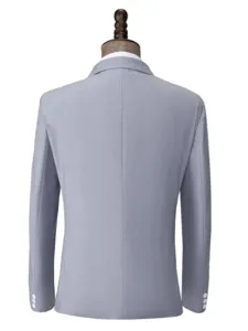 Men grey suit jacket back view detail, slim fit formal wear with clean tailoring and button cuffs.