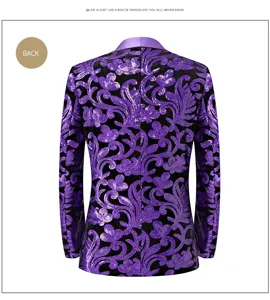 Men's purple sequin blazer floral scroll pattern shawl lapel stage suit jacket top