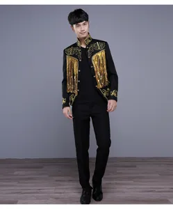 Detailed view of the black retro court style men performance suit with gold embroidery.