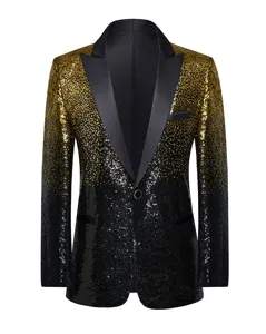 Detailed view of men's black gold sequin blazer, showing the stylish gradient party jacket details.