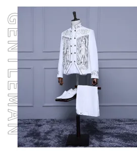 Men's white sequin stage performance suit tuxedo with silver fringe and delicate court embroidery.