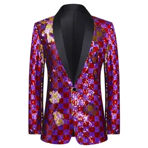 Men's sparkly sequin checkered blazer slim fit stylish stage performance suit jacket coat.