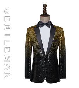 Detail view of men's gradient sequin blazer featuring stylish black lapel and shiny gold details.