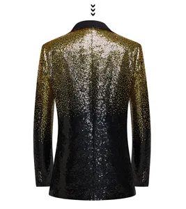 Men's black and gold gradient sequin blazer jacket, slim fit formal wear for stage and parties.