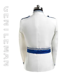 Men's white court performance suit jacket back view with blue sash and silver lace details.