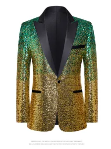 Close-up detail of the green and gold gradient sequin blazer with black lapel and single button.