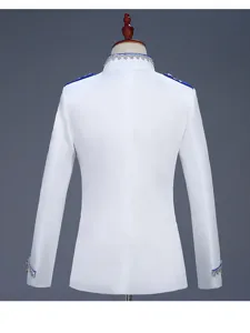 Back detail view of men white stage suit jacket featuring royal blue epaulets and silver trim.