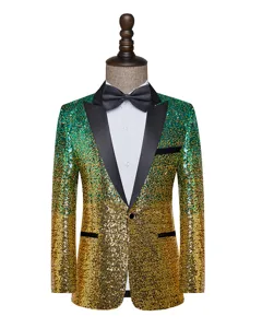 Men's green gold gradient sequin blazer detail, stylish stage performance slim fit jacket.
