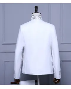 White men's stage performance suit jacket with elegant embroidery collar and long sleeves.