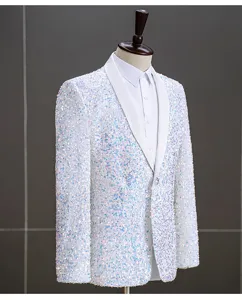 Dettaglio ravvicinato della giacca blazer da uomo con paillettes iridescenti per scena.